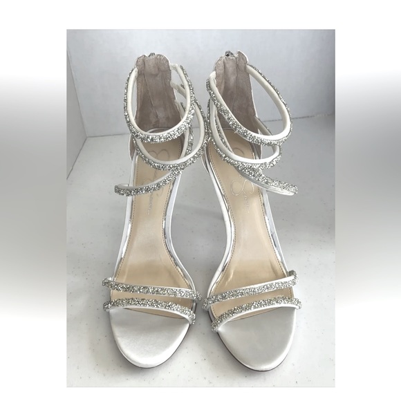 New Jessica Simpson Jamalee White Satin Beaded Rhinestone Stiletto Sanda… - Picture 3 of 10